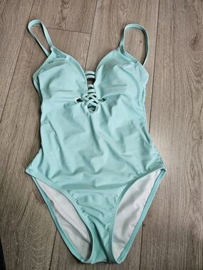 JOE FRESH Aqua Mint One Piece Swimsuit Strappy Lace Up Front Size S🔥